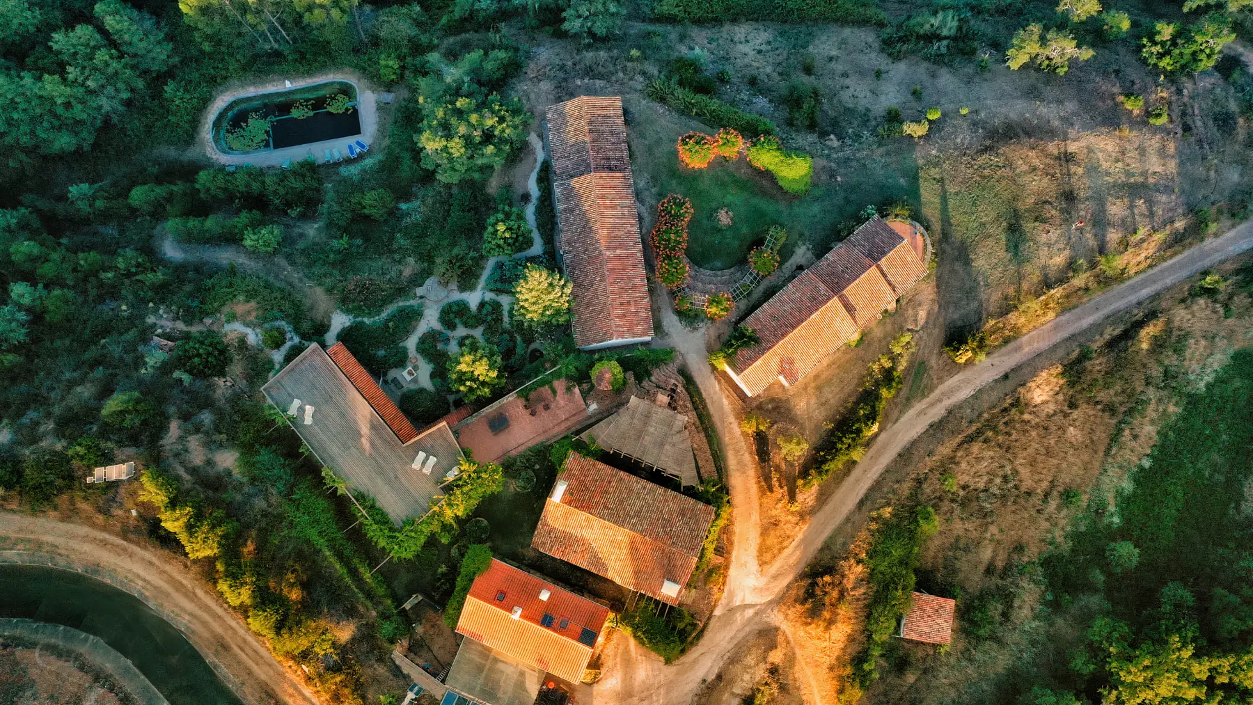 Aerial view of Monte da Orada Retreat Centre surrounded by nature